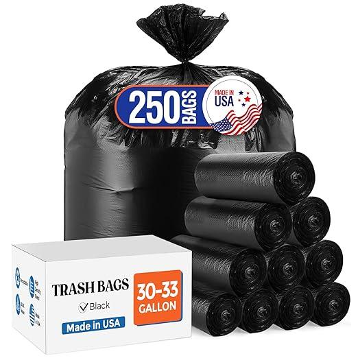 Delxo 30-33 Gallon Trash Bags, 250 Count – Medium Duty Garbage Bags, Thick, Durable & Puncture-Resistant Plastic Bolsas para basura, Perforated Design– Made in USA for Kitchen, Yard, Office (Black) - NeatNest