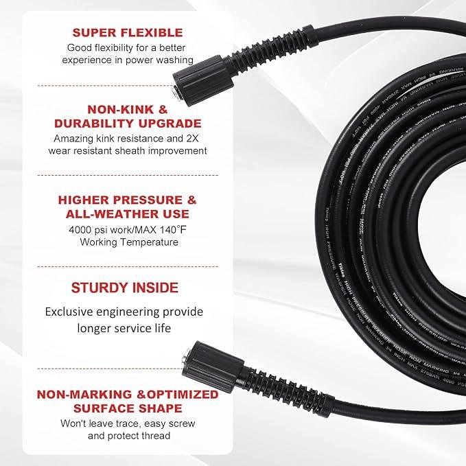Pressure Washer Hose 50FT 1/4”, 4000 PSI Kink Resistant High Pressure Hose M22 14mm Thread, Flexible Extension Replacement Hose with Hose Organizer for Power Washing - NeatNest