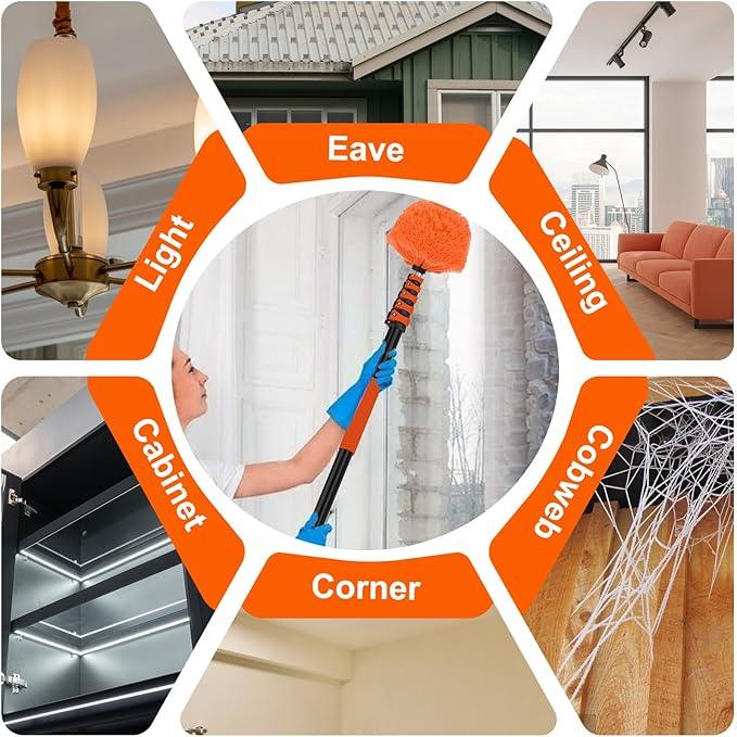 30FT Reach Cobweb Duster with Extension Pole, High Ceiling Long Duster with 5-24FT Telescoping Pole, Spider Web Brush for Indoor Outdoor Use - NeatNest