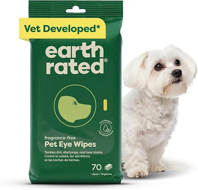 Earth Rated Vet-Developed Pet Eye Wipes, Hypoallergenic Cleaner for Dogs & Cats Eyes to Remove Dirt & Discharge, Fragrance Free, 70 Count - NeatNest