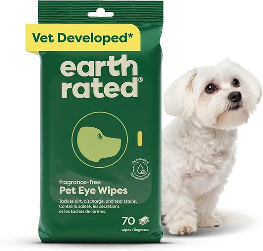 Earth Rated Vet-Developed Pet Eye Wipes, Hypoallergenic Cleaner for Dogs & Cats Eyes to Remove Dirt & Discharge, Fragrance Free, 70 Count - NeatNest