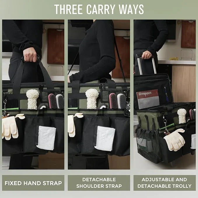 Rolling Cleaning Caddy Bag with Detachable Trolley, Large Cleaning Supplies Organizer with Wheels, Multi-Pocket Cleaning Cart with Adjustable Shoulder Strap for Housekeepers & Home Use, Armygreen - NeatNest