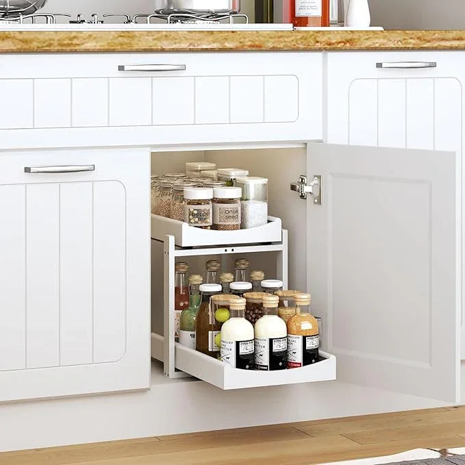 Bamboo Under Sink Organizer and Storage, 1 Pack Pull Out Cabinet Organization, 2 Tier Vertical Slide Out Undersink Storage Shelf, Multi-Purpose Organizer Shelves for Kitchen Bathroom Medicine, White - NeatNest