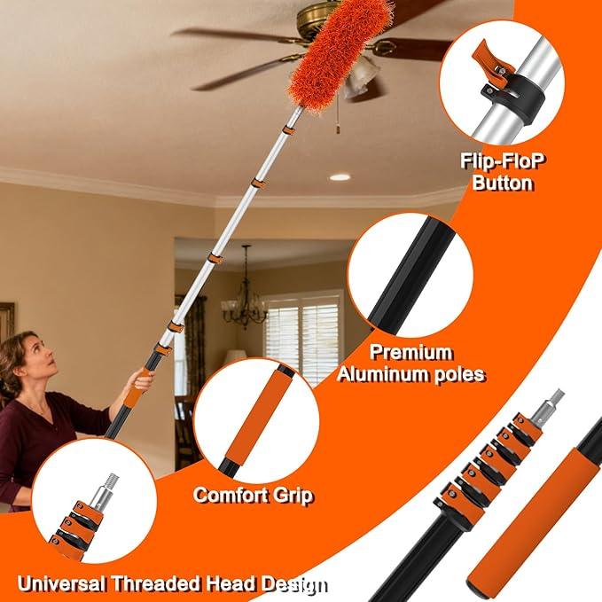 30FT High Ceiling Duster Kits with 5-24FT Telescoping Extension Pole - Fan Blade Cleaner, Cobweb Remover & Window Cleaning Kit, Washable Dust Brush for High Roof and Glass Surfaces - NeatNest