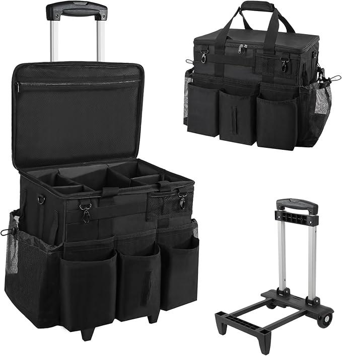 Rolling Cleaning Caddy Bag with Detachable Trolley, Large Cleaning Supplies Organizer with Wheels, Multi Pocket Cleaning Cart with Adjustable Shoulder Strap for Housekeepers & Home Use, Black - NeatNest