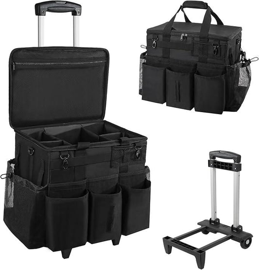 Rolling Cleaning Caddy Bag with Detachable Trolley, Large Cleaning Supplies Organizer with Wheels, Multi Pocket Cleaning Cart with Adjustable Shoulder Strap for Housekeepers & Home Use, Black - NeatNest