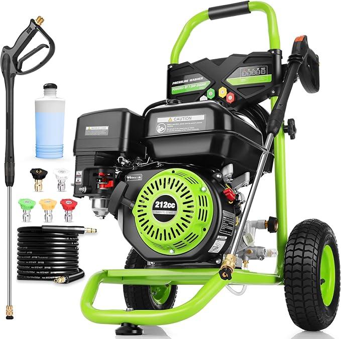 4200 PSI Gas Pressure Washer, 4.0 Max GPM 212CC 7HP Commercial Gas Power Washer, Spray Gun and Wand, 5 Nozzle Set, for Cars/Fences/Driveways/Homes/Patios/Furniture (Green) - NeatNest