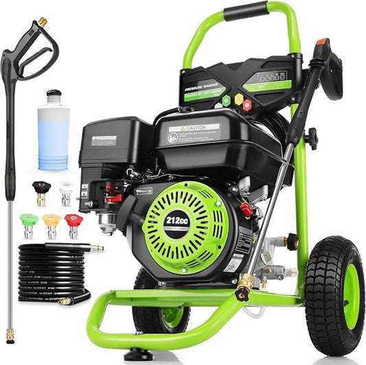 4200 PSI Gas Pressure Washer, 4.0 Max GPM 212CC 7HP Commercial Gas Power Washer, Spray Gun and Wand, 5 Nozzle Set, for Cars/Fences/Driveways/Homes/Patios/Furniture (Green) - NeatNest