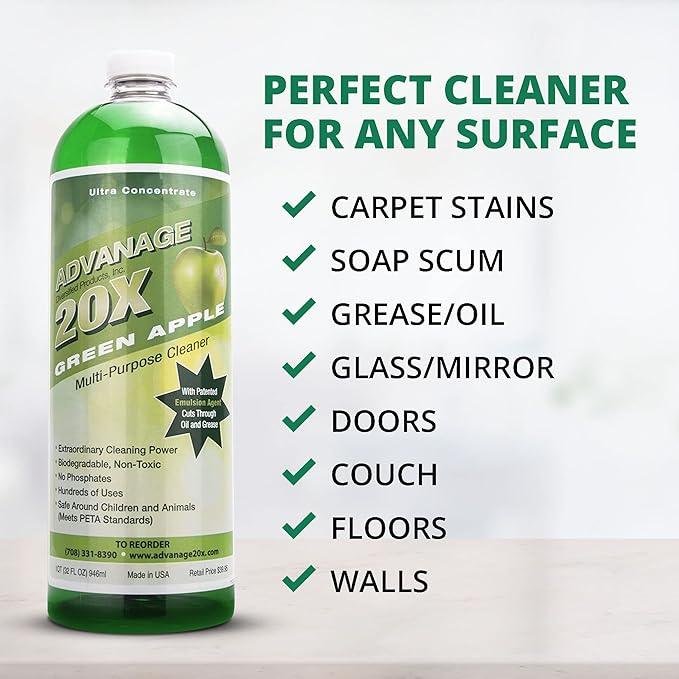 Advanage 20X All Purpose Cleaner Concentrate – Green Apple Eco-Friendly Heavy Duty Degreaser, Multisurface Cleaner for Bathroom, Kitchen, Floors, Household Cleaning Supplies, Made in USA, 32 Fl Oz - NeatNest