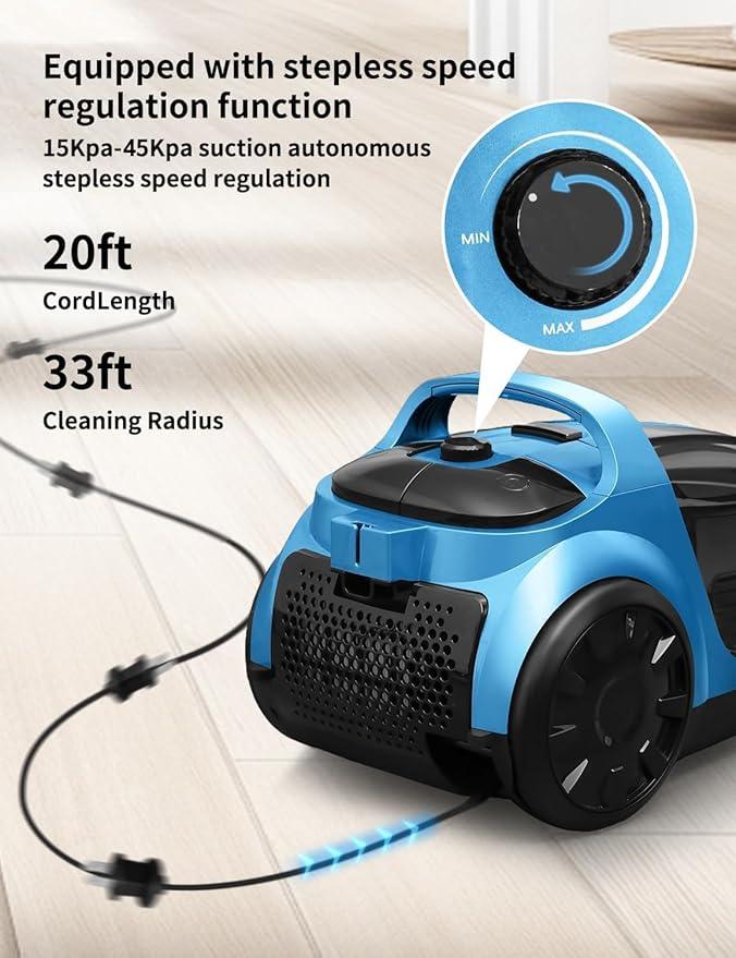 Canister Vacuums 45Kpa 1600W Canister Vacuum Cleaners for Home Double HEPA Filter 4.5Qt Bagless Vacuum Cleaner Lightweight Canister Vacuum Cleaner for Hard Floors Carpet Pet Upholstery Tiles Car Blue - NeatNest
