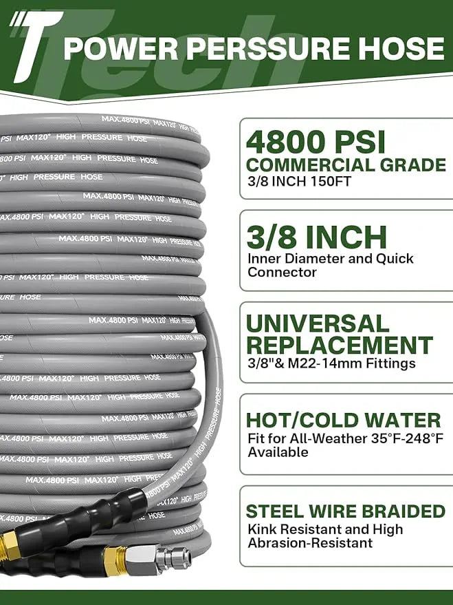 3/8" 4800PSI Pressure Washer Hose 150FT with Swivel Quick Connect for Cold/Hot Water Max 248°F, Kink Resistant Steel Wire Braided, Wear Resistant Power Washer Hose with M22 14mm Adapter - NeatNest