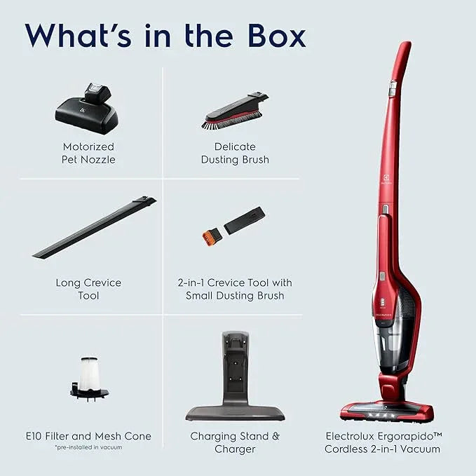 Electrolux Ergorapido Pet Cordless 2-in-1 Vacuum Cleaner with Motorized Pet Nozzle for Easy Pet Hair Removal, 48-Minute Run Time, 2 Power Modes, Chili Red - NeatNest