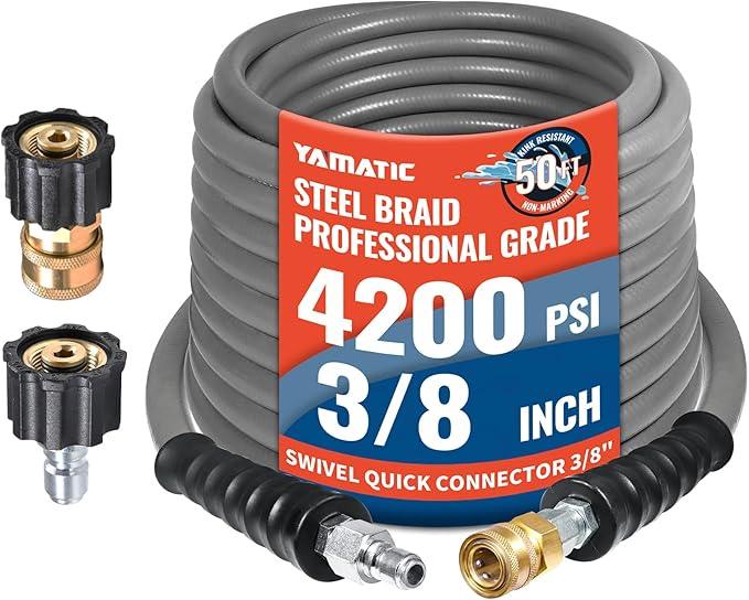 YAMATIC Non Marking 3/8" Pressure Washer Hose 50FT 4200 PSI, Kink Resistant Swivel 3/8" Quick Connect, Rubber Steel Braided Wear Resistant Industry Grade for Hot/Cold Water Gas Power Washer - NeatNest
