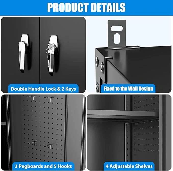 2025 Upgraded Wide & Deep Garage Storage Cabinet with Wheels, Lockable Metal Storage Cabinet with Pegboards and 9 Hooks, 2 Tool Pouches for Garage,4 Adjustable Shelves (Black,43''W x 22''D x 72''H) - NeatNest