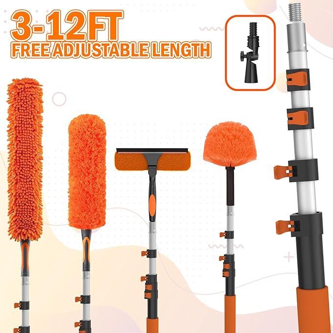 20FT High Reach Duster Cleaning Kit with Extension Pole, High Ceiling Fan Cleaner Duster Tool for Fan Blades, Window Washing Kit with Microfiber Feather Duster & Window Squeegee - NeatNest