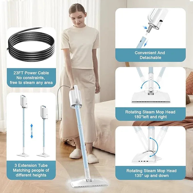 7-in-1 Steam Mop, 1200W Rotated Steam Cleaner for Home, 2 Modes, 400ML Removable Tank, 23FT Power Cord, 2 Pads, Multi-Surface Steamer for Hard Floor, Laminate Floor, Tiles Cleaning（Lake Blue） - NeatNest