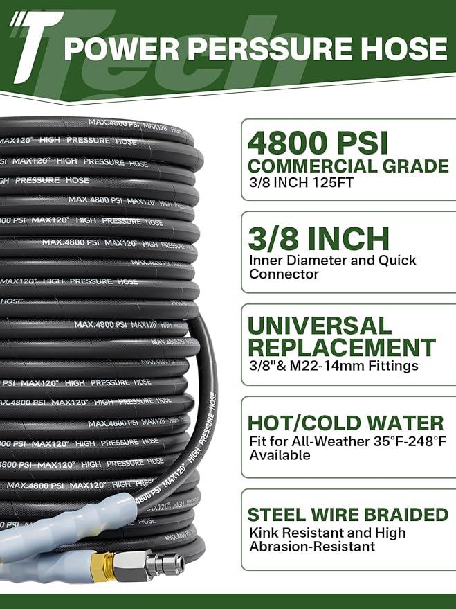 3/8" 4800PSI Pressure Washer Hose 125FT with Swivel Quick Connect for Cold/Hot Water Max 248°F, Kink Resistant Steel Wire Braided, Wear Resistant Power Washer Hose with M22 14mm Adapter - NeatNest