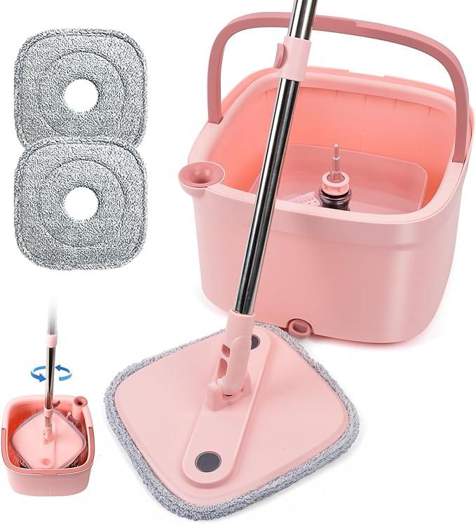 KZKR Square Spin Mop and Bucket Set with Self Separation Dirty and Clean Water System, Self Wringing 360° Rotating Mops Head with 2 Replaceable Microfiber Pads for Home Floors Cleaning - NeatNest