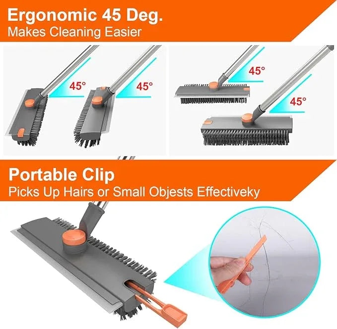 Floor Scrub Brush with Long Handle, BITOPE 3 in 1 Stiff Bristles Deck Brush 360° Rotating Floor Scrubber with Squeegee, Tweezer for Clean Patio, Deck, Tile, Concrete, Balcony Outdoor - NeatNest