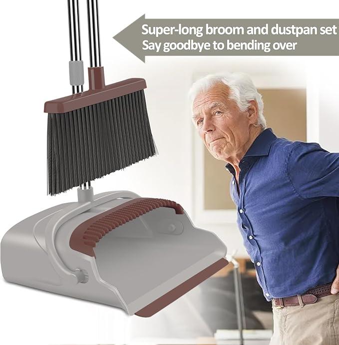 kelamayi Upgrade Broom and Dustpan Set, Self-Cleaning with Dustpan Teeth, Ideal for Dog Cat Pets Home Use, Super Long Handle Upright Stand Up Broom and Dustpan Set (Brown) - NeatNest