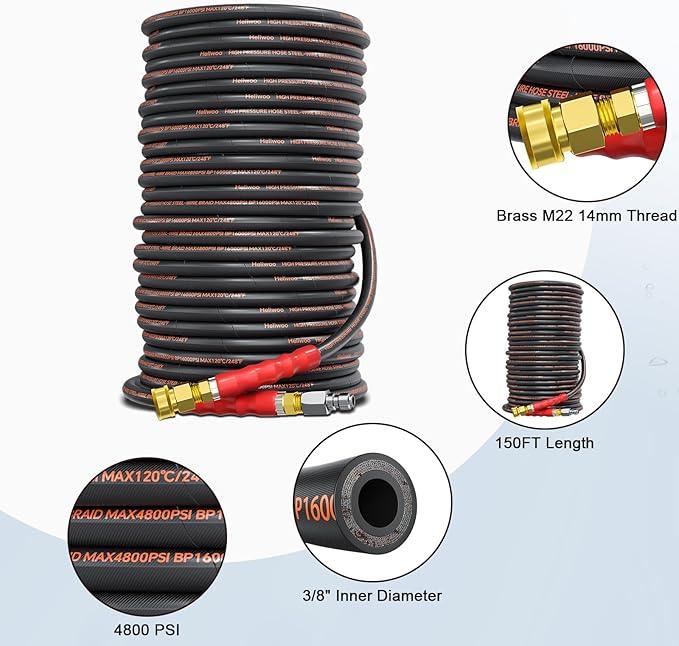 Pressure Washer Hose 150FT,3/8" 4800 PSI Kink Resistant Industrial Grade Hose with 3/8 Quick Connect Ends for Hot & Cold Water up to 140°F, Steel Wire Braided Hose for Power Washing - NeatNest