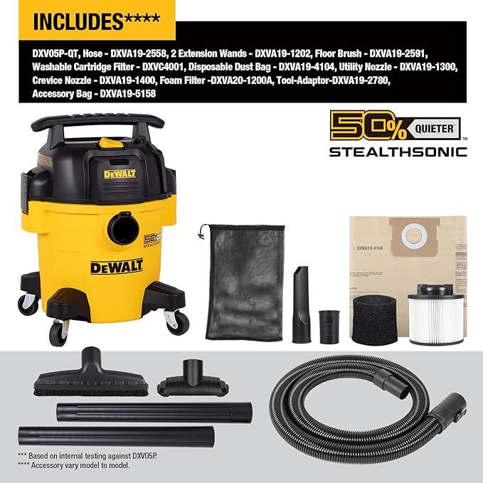 DEWALT 5 Gallon STEALTHSONIC Shop Vacuum Wet and Dry, Powerful Suction & Portable Shop Vac with Attachments, Ultra Quiet Wet Dry Vac for Home, Garage, Car, Workshop, Jobsite, DXV05P-QT, 4 Peak HP - NeatNest