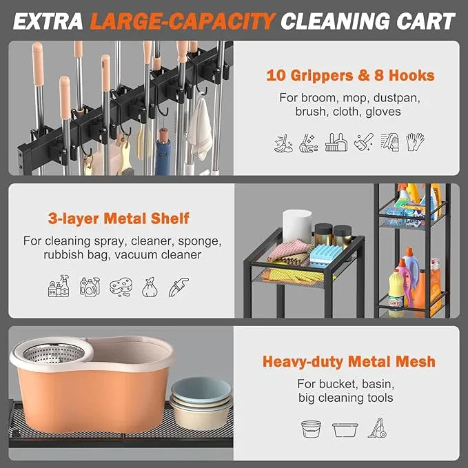 Broom Holder with Cleaning Supplies Organizer, Broom Closet Storage Cabinet with Cleaning Caddy, Cleaning Cart with Mop Hanger Gripper Rack Hooks,Janitorial Housekeeping cart,Laundry Room Organization - NeatNest