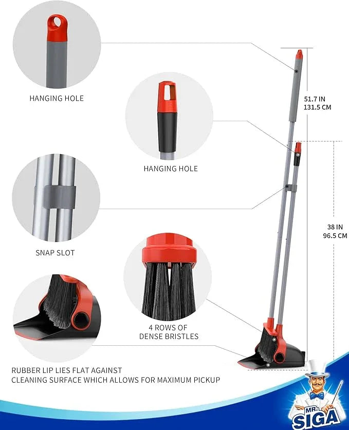 MR.SIGA Broom and Dustpan Set with Long Handle, Stand Upright Broom with Dustpan Combo for Floor Cleaning, Lightweight Sweeping Set for Indoor and Outdoor Use, 51.7"(131 cm) Long Handle, Black & Red - NeatNest