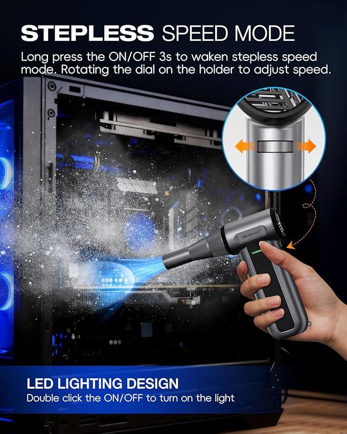 WeGuard W22 Compressed Air Duster, 180000 RPM Electric Air Duster for Cleaning, LED Light/ 3-Speed Adjustable Mini Snow Blower, Rechargable Mini Air Blower for Computer, Car, Keyboard, Leaves, Outdoor - NeatNest