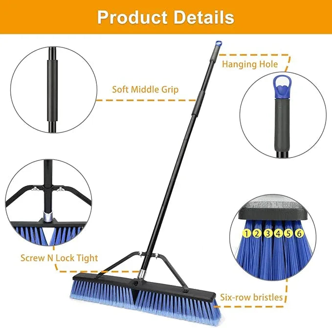 24 inches Push Broom Outdoor for Deck Driveway Garage Yard Patio Concrete Floor Cleaning-Blue - NeatNest