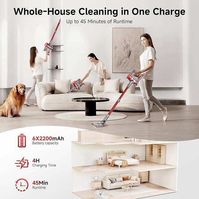 Cordless Vacuum Cleaner, 35Kpa Vacuum Cleaner for Home, 45Mins Stick Vacuum with LED Display, Anti-Tangle & Wall Mount Charging, 6 in 1 Lightweight Vacuum for Hard Floors, Carpet, Pet Hair (red) - NeatNest