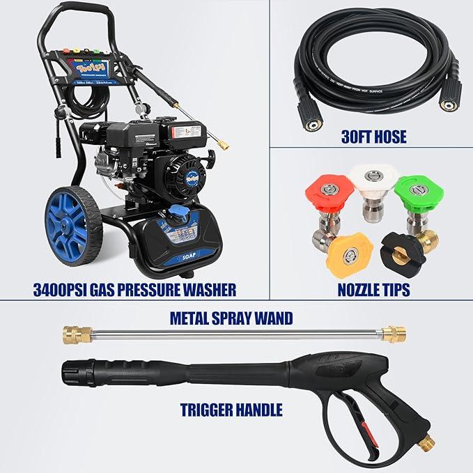 TOOLCY 3400 PSI & 2.8 GPM Gas Powered Pressure Washer with Onboard Soap Tank, Power Washer for Cleaning Cars Homes Patios Fences Driveways, Spray Gun, 5 Nozzles - NeatNest