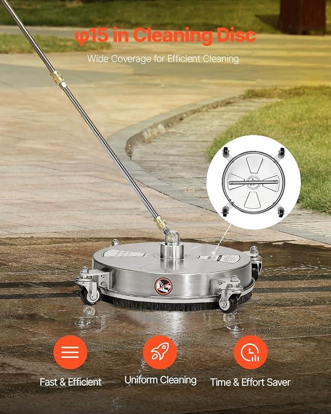 VEVOR 15" Pressure Washer Surface Cleaner, Stainless Steel Pressure Washer Attachments with 4 Wheels, 4000 Max PSI, 1/4 Quick Connector, 2 Spray Nozzles, 2 Extended Wands for Concrete, Patio, Deck - NeatNest