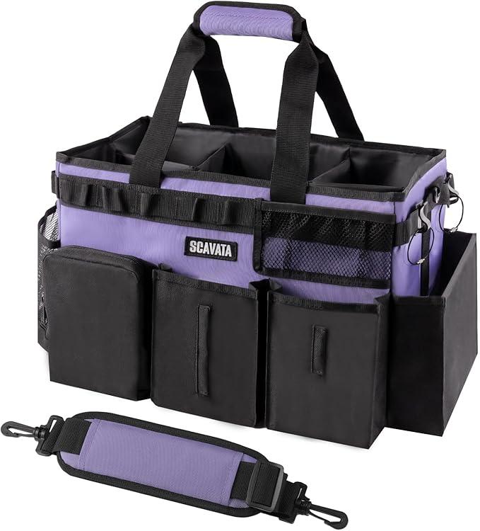 Wearable Cleaning Caddy Bag, Cleaning Caddy Supplies Organizer with Handle & Shoulder Straps for Housekeepers, Under Sink & Car Cleaning Tool Organizers with 4 Foldable Divider (Purple) - NeatNest