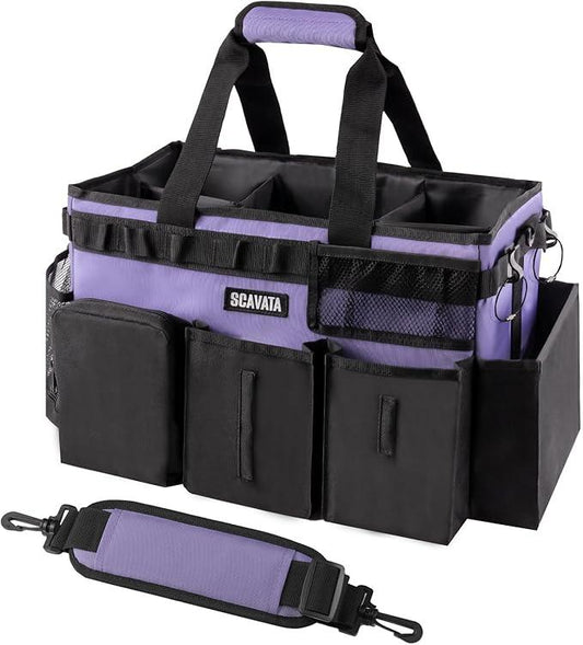 Wearable Cleaning Caddy Bag, Cleaning Caddy Supplies Organizer with Handle & Shoulder Straps for Housekeepers, Under Sink & Car Cleaning Tool Organizers with 4 Foldable Divider (Purple) - NeatNest