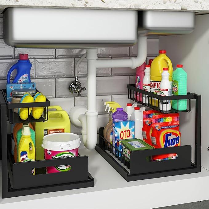 REALINN Under Sink Organizer, Pull Out Cabinet Organizer Slide Out Sink Shelf Cabinet Storage Shelves, Storages for Kitchen Bathroom, Black, 2 Pack - NeatNest