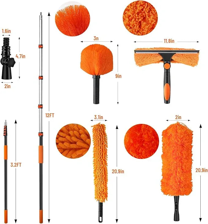 20ft High Reach Duster Kit with Extendable Pole (5-12ft),High Ceiling Duster Kit Includes–Ceiling Fan Blade Cleaner, Cobweb Remover, Bendable Duster, Microfiber Glass Scrubber & Squeegee & Swivel Head - NeatNest