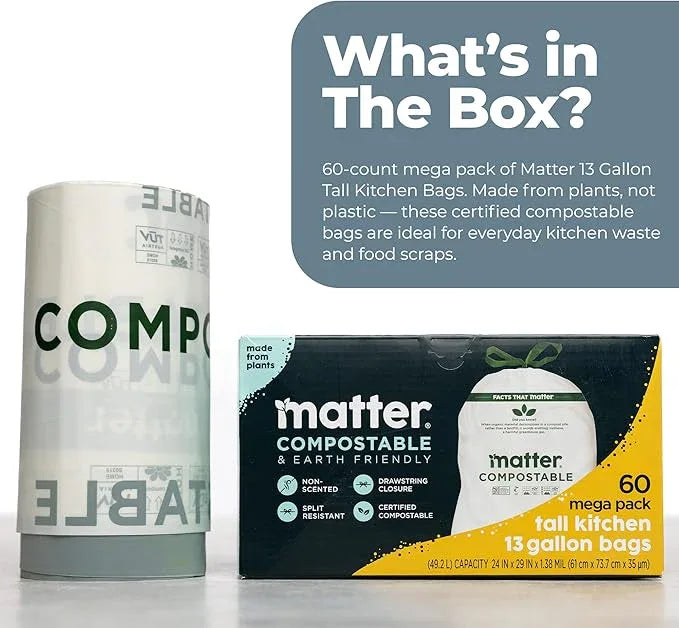 Matter Compostable 13 Gallon Tall Kitchen Trash Bags with Drawstring, Eco-Friendly, Unscented, Durable, Leak-Resistant, 60 Count - NeatNest