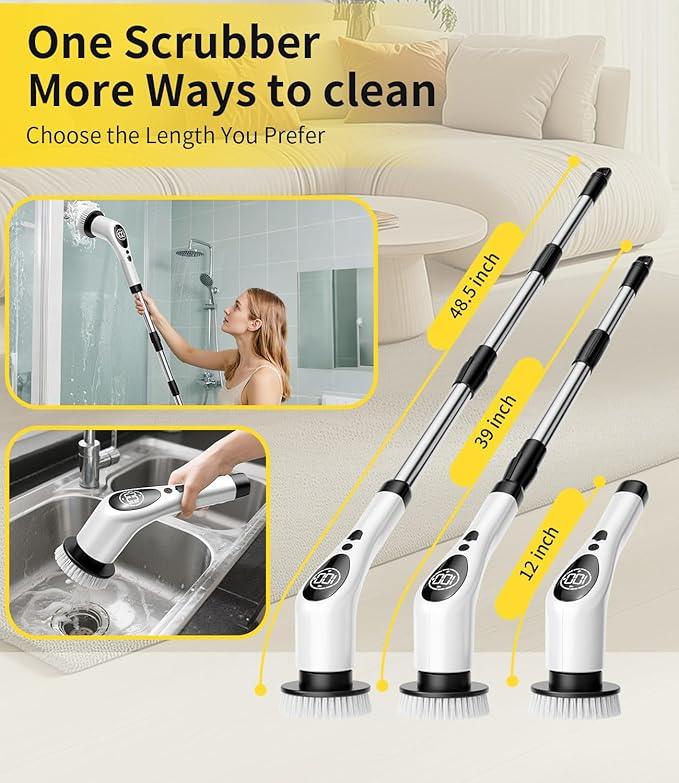 Electric Spin Scrubber,Cordless Cleaning Brush,Shower Scrubber with 9 Scrub Brush,3 Speed,Adjustable Extension Handle,Power LED Display, Voice Broadcast,Power Scrubber for Bathroom Kitchen Cleaning - NeatNest