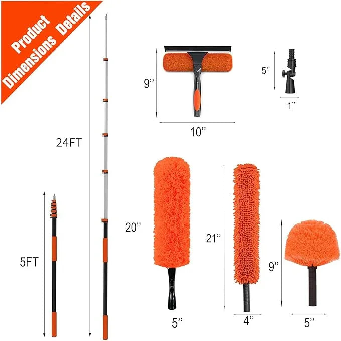 30FT High Ceiling Duster Kits with 5-24FT Telescoping Extension Pole - Fan Blade Cleaner, Cobweb Remover & Window Cleaning Kit, Washable Dust Brush for High Roof and Glass Surfaces - NeatNest