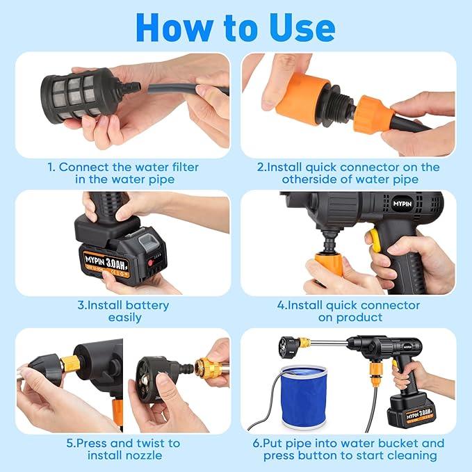 Portable Cordless Pressure Washer, 600 PSI 21V Two Rechargeable Batteries Powered Pressure Washer with Battery Level Display, 6-in-1 Nozzle with Jet Nozzles for Car Floor Wall Fence Cleaning - NeatNest
