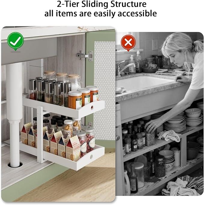 Bamboo Wood Under Sink Organizer 1 Pack, Pull Out Cabinet Organizer 2 Tier Under Sink Organizers and Storage with Sliding Drawer Sturdy Easy Assembly for Kitchen Bathroom Undersink (White, 2 Packs) - NeatNest