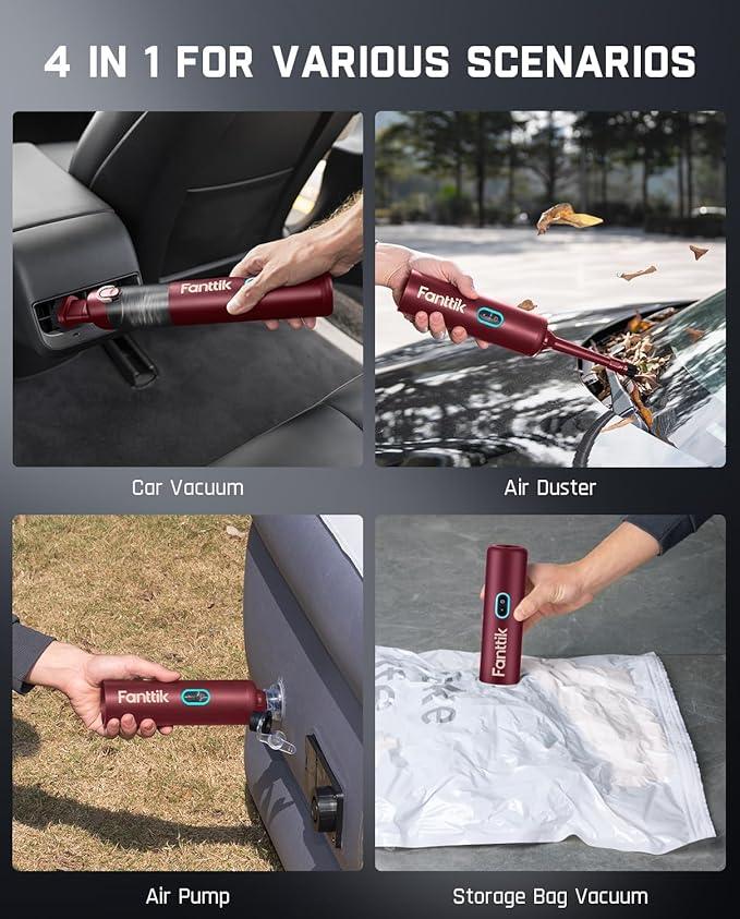 Fanttik Slim V8 APEX Car Vacuum, 4-in-1 Portable Mini Cordless Vacuum with 19000pa Suction Power, Type-C Charge, 2 Suction Modes, Handheld Vacuum for Small Jobs, Car, Office Desk, Keyboards (Red) - NeatNest