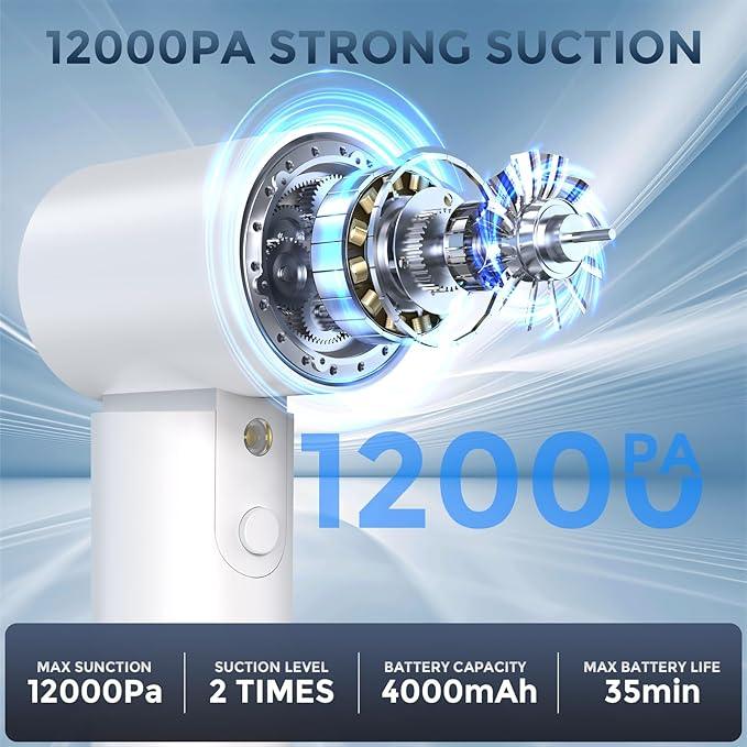 Car Vacuum Cordless: 12000Pa 2 in 1 Handheld Vacuum & Blower - Hand Vacuum Portable Cordless with Led Light, Multi-Nozzles for Car, Home, Office, Pet, Hair White - NeatNest