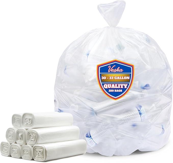 Veska 30-33 Gallon Clear Trash Bags Heavy Duty (Value Pack 250 Bags) Large Clear Plastic Recycling Garbage Bags. Large Trash Bags 30+, 32 Gallon - NeatNest