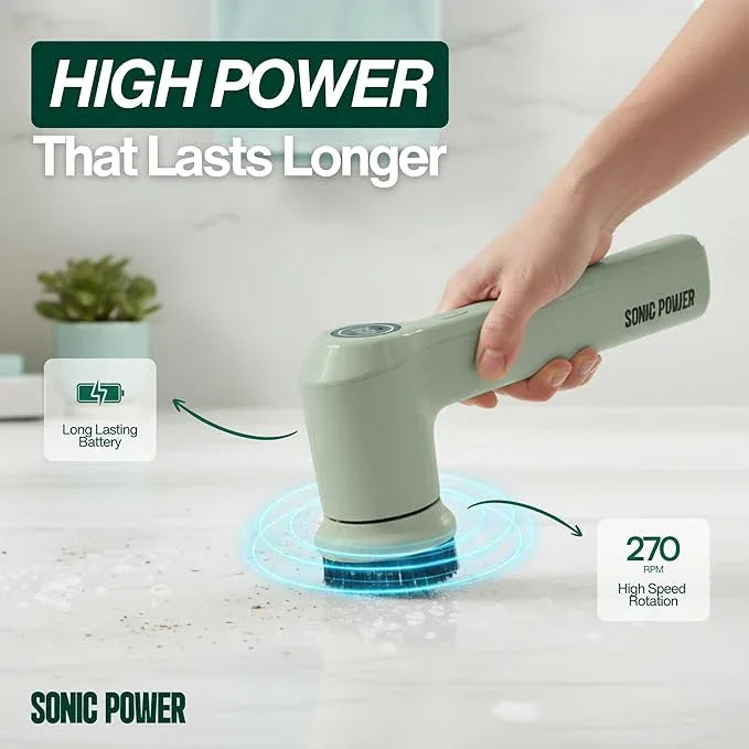 Electric Spin Scrubber – Handheld & Ergonomic, IPX7 Waterproof, 4 Multi-Purpose Brush Heads, Long-Lasting Rechargeable Battery – Cleans Dishes, Bathroom, Tile, Grout & Kitchen (Sage) - NeatNest
