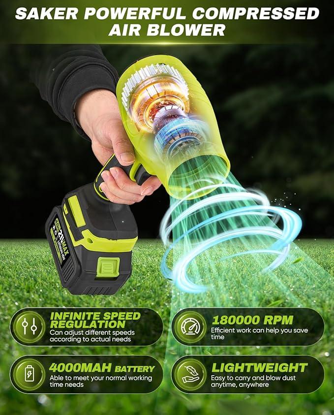 Saker Cordless Leaf Blower Portable Dust Cleaner Handheld Blowers 2 x 4.0Ah Batteries 180000 RPM Air Duster with Adjustable Speed for Drying Patio Cleaning Green - NeatNest