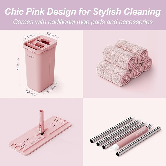 JOYMOOP Pink Mop and Bucket with Wringer Set for Home, with 5 Reusable Microfiber Mop Pads, Hands-Free Self-Cleaning System, Suitable for Floor Cleaning and Wall Cleaner - NeatNest