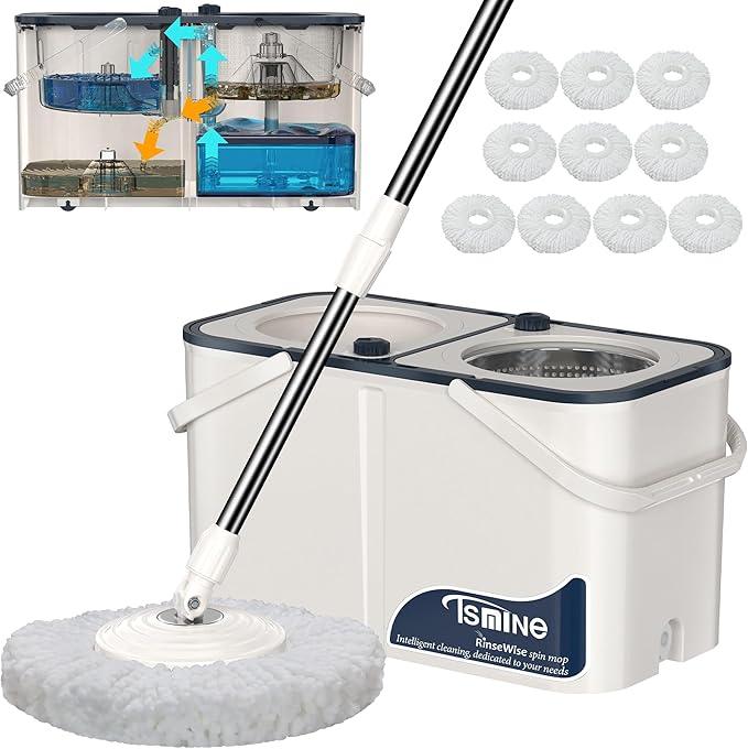 Gen 1 Large-Capacity Spin Mop and Bucket – for Big Homes & Deep Cleaning Days,4-Chamber System Separates Dirty & Clean Water, 2-GAL Heavy-Duty Design with Wheels & 10 Refill Mop Heads - White/Blue - NeatNest
