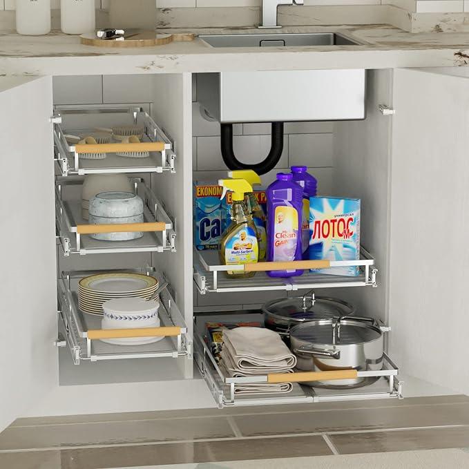 SANNO Pull Out Cabinet Organizer, Slide Out Cabinet Shelf,Under Sink Slide Out Cabinet Organizer, Pots Pans Organizer Smooth Roll,Expandable Width 16.1 to 26.4" W - NeatNest